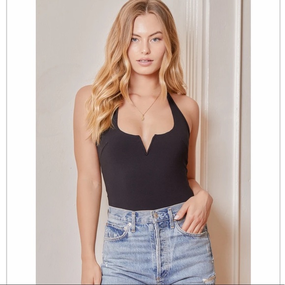 Lulus Ready or Notch Black Halter Bodysuit plunge Neckline stretchy knit body XS - Picture 2 of 11